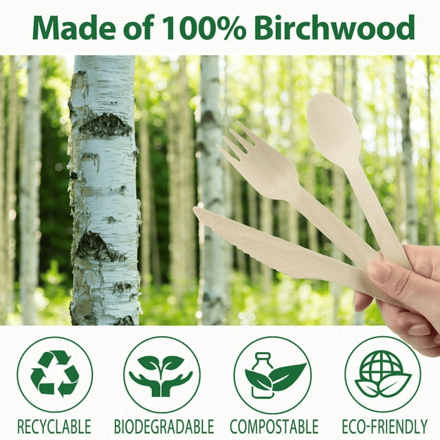 LotFancy 200 Count Disposable Wooden Cutlery Set, Biodegradable Utensils, 100 Forks, 50 Spoons, 50 Knives EasyOptionXY LLC
