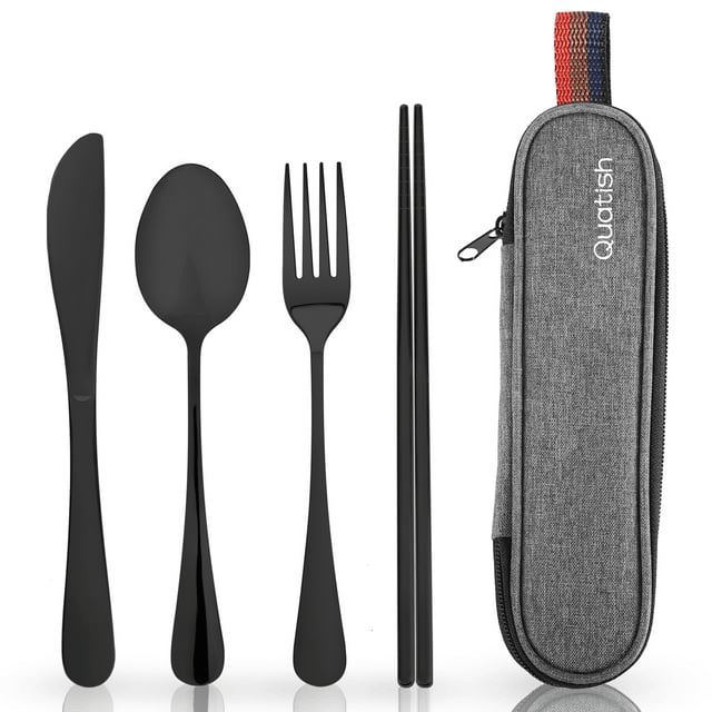 Travel Utensils with Case, Quatish Portable Silverware Set for Work, Lunch Reusable Travel Cutlery Set, 304 Stainless Steel Fork and Spoon Set for Camping(Black) EasyOptionXY LLC