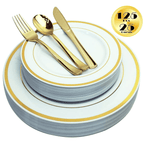 JL Prime 125 Piece Gold Plastic Plates & Cutlery Set, Re-usable Recyclable Plastic Plates with Gold Rim & Silverware, 25 Dinner Plates, 25 Salad Plates, 25 Forks, 25 Knives, 25 Spoons