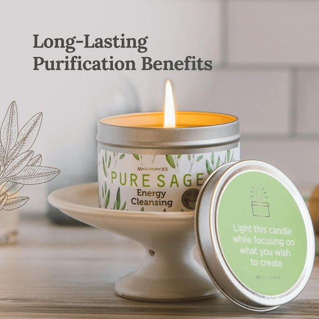 Magnificent 101 Long Lasting Pure White Sage Candle - 6 Oz - 35 Hour Burn Time | Organic, All Natural, Paraffin Free Candle to Cleanse Your Home & Calm, Soothe, Relax and Restore The Body & Mind EasyOptionXY LLC