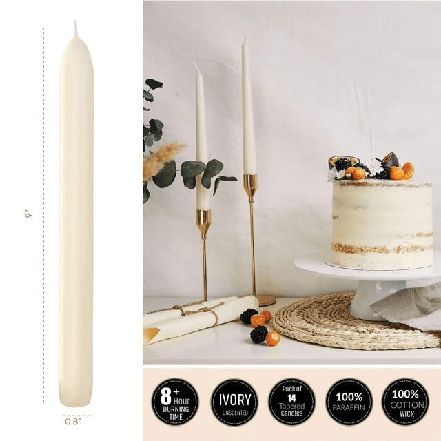 SPAAS Ivory Taper Candles - 14 Pack | 9 Inch Tall Candles, Unscented Premium Wax | 8 Hour Long Burning Ivory Candlesticks for Home Decoration, Wedding, Holiday and Parties