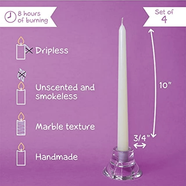 CANDWAX 10 inch Taper Candles Pack of 4 - Dripless Taper Candles and Unscented Candlesticks - Perfect as Dinner Candles and Household Candles - Ivory Candles