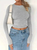 Solid Color Round Neck Long Sleeve T-Shirt THRIXINE