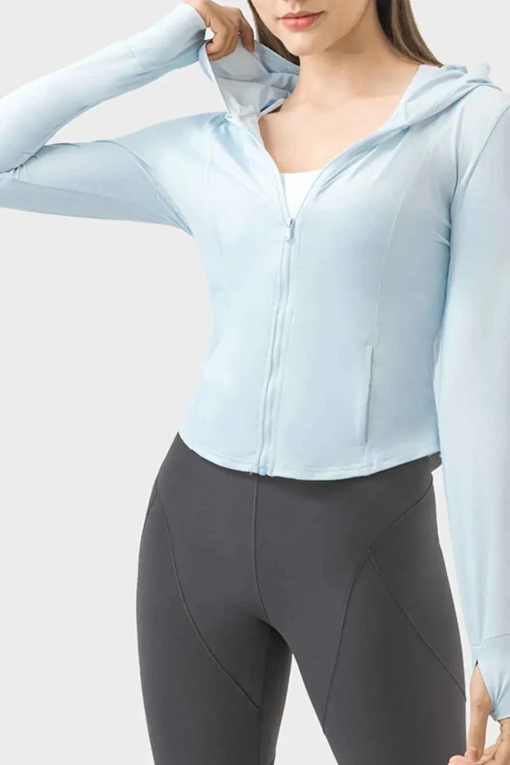 Millennia Pocketed Zip Up Hooded Long Sleeve Active Outerwear THRIXINE