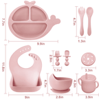 Soft Silicone Baby Feeding Set, Baby Weaning Set, Children's Cutlery Set with Adjustable Bib, Suction Cup Whale Divider Plate, Suction Cup Bowl, Stage 1 & 2 Spoon & Fork (Pink)