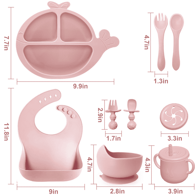 Soft Silicone Baby Feeding Set, Baby Weaning Set, Children's Cutlery Set with Adjustable Bib, Suction Cup Whale Divider Plate, Suction Cup Bowl, Stage 1 & 2 Spoon & Fork (Pink)