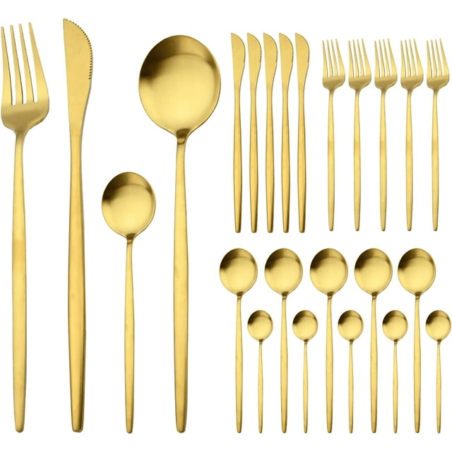 Gold Silverware Set 24 Pieces, Stainless Steel Flatware Set,Titanium Gold Plating Cutlery Set Utensil Sets Service for 6, Kitchen Cutlery For Home Office Restaurant Hotel EasyOptionXY LLC