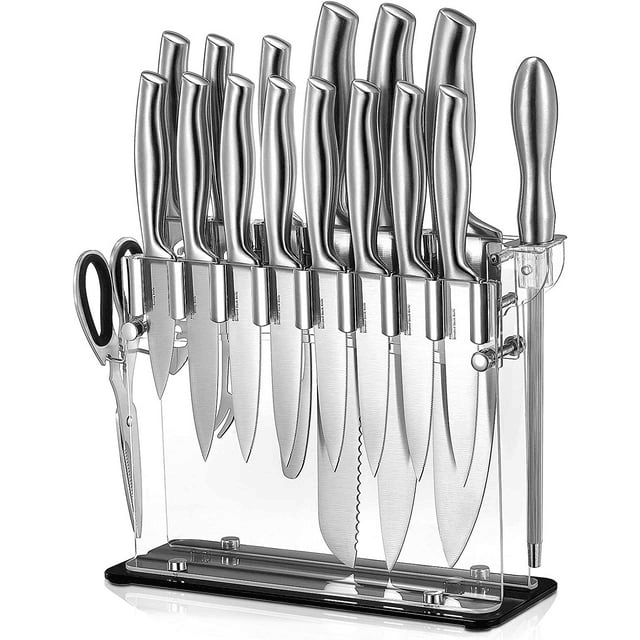 Knife Set 17 Pieces Stainless Steel Hollow Handle Cutlery Block Set EasyOptionXY LLC