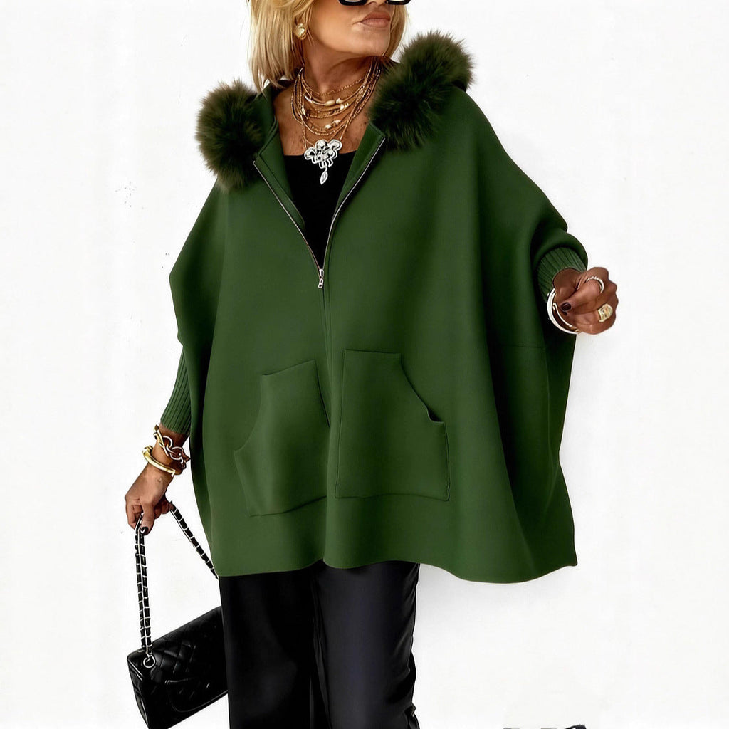 Women's Plush Hooded Cardigan - Batwing Sleeve Zip Up Knitted Jacket with Pockets