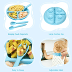 Sangdo Silicone Baby Feeding Set 7-Piece Baby Led Weaning Utensils Set Includes Suction Bowl and Plate, Baby Spoon and Fork, Bib, Sippy Cup with Straw, Blue