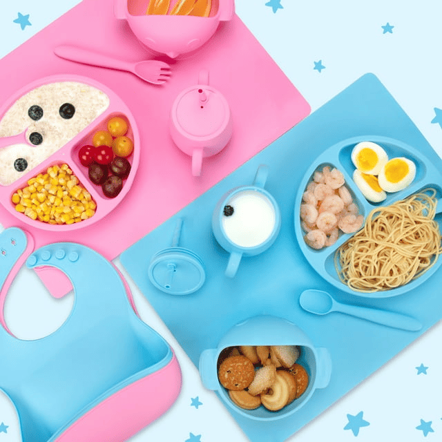 Sangdo Silicone Baby Feeding Set 7-Piece Baby Led Weaning Utensils Set Includes Suction Bowl and Plate, Baby Spoon and Fork, Bib, Sippy Cup with Straw, Blue