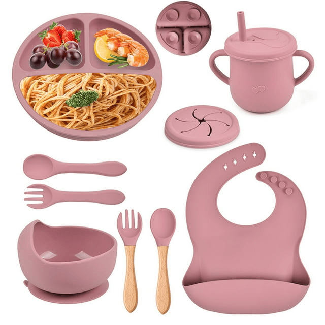 Silicone Baby Feeding Set, 9 Piece Baby Led Weaning Utensils Set Includes Suction Bowl and Plate, Baby Spoon and Fork, Sippy Cup with Straw, Baby Feeding Supplies Set EasyOptionXY LLC