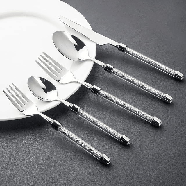SHYFOY Silverware Set Cutlery Stainless Crushed Diamond Home Decor 5 PCS , Silver, 1 Set