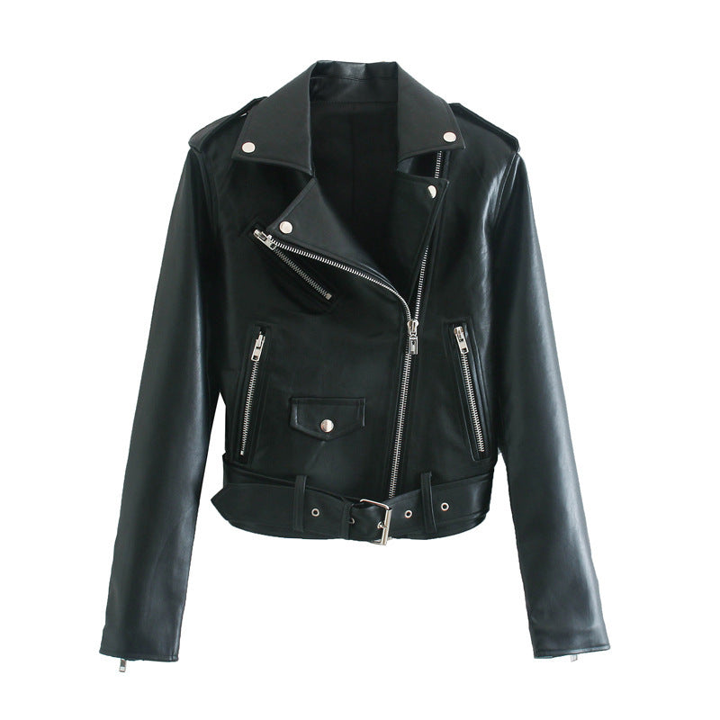 Street Handsome Belt Motorcycle Leather Ladies Jacket Pi-Mart