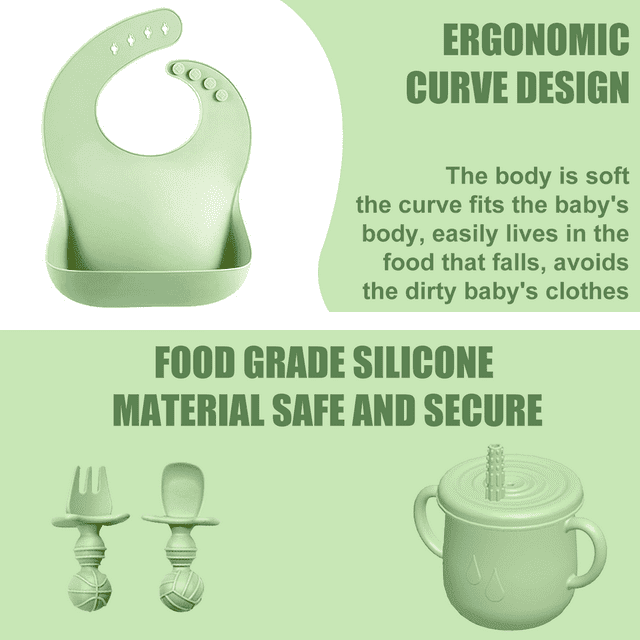 Soft Silicone Baby Feeding Set, Baby Weaning Set, Children's Cutlery Set with Adjustable Bib, Suction Cup Divider Tray, Suction Cup Bowl, Stage 1 and Stage 2 Spoon and Fork (Green)