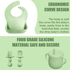 Soft Silicone Baby Feeding Set, Baby Weaning Set, Children's Cutlery Set with Adjustable Bib, Suction Cup Divider Tray, Suction Cup Bowl, Stage 1 and Stage 2 Spoon and Fork (Green)