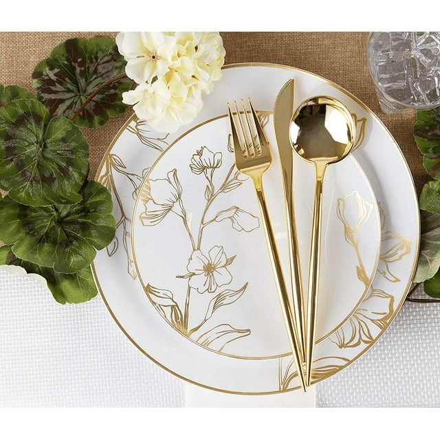 PLASTICPRO 40pc Disposable Gold Plastic Silverware Set with Spoons, Knives, Forks, and Teaspoons, Service for 8 EasyOptionXY LLC