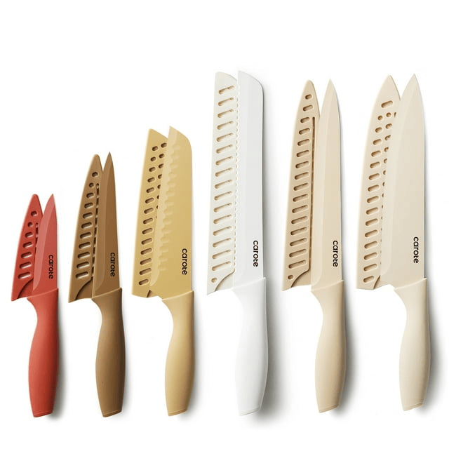 CAROTE 12 Pieces Kitchen Knife Set, Stainless Steel Knife Set With Nonstick Creamic Coating,Dishwasher Safe with 6 Blade Guards,Anti-Rust,Brown EasyOptionXY LLC