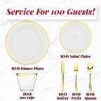 Prestee 600 Piece Gold Dinnerware Party Set (100 Guest), 100 Salad Gold Plates, 100 Gold Plastic Silverware Set, 100 Gold Cups Disposable Party Pack Wedding Birthday Parties EasyOptionXY LLC