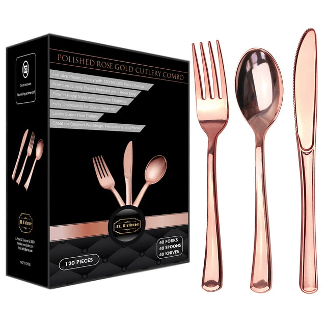 JL Prime 120 Piece Rose Gold Plastic Silverware Set, Re-Usable Recyclable Plastic Cutlery, 40 Forks, 40 Spoons, 40 Knives, Great for Wedding, Anniversary, Rehearsal, Shower Events