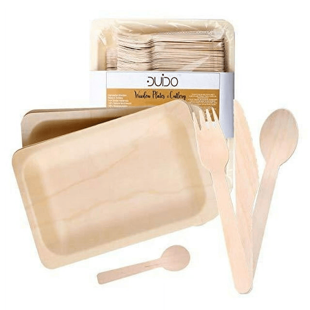 Disposable Wooden Cutlery Utensils Set ??¨¬ (Pack of 150) 30 7.8-inch Plates 30 Forks 30 Knives 30 Spoons 30 Small Spoons Eco-Friendly Silverware Compostable Flatware Biodegradable Better T