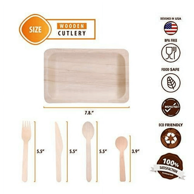 Disposable Wooden Cutlery Utensils Set ??¨¬ (Pack of 150) 30 7.8-inch Plates 30 Forks 30 Knives 30 Spoons 30 Small Spoons Eco-Friendly Silverware Compostable Flatware Biodegradable Better T