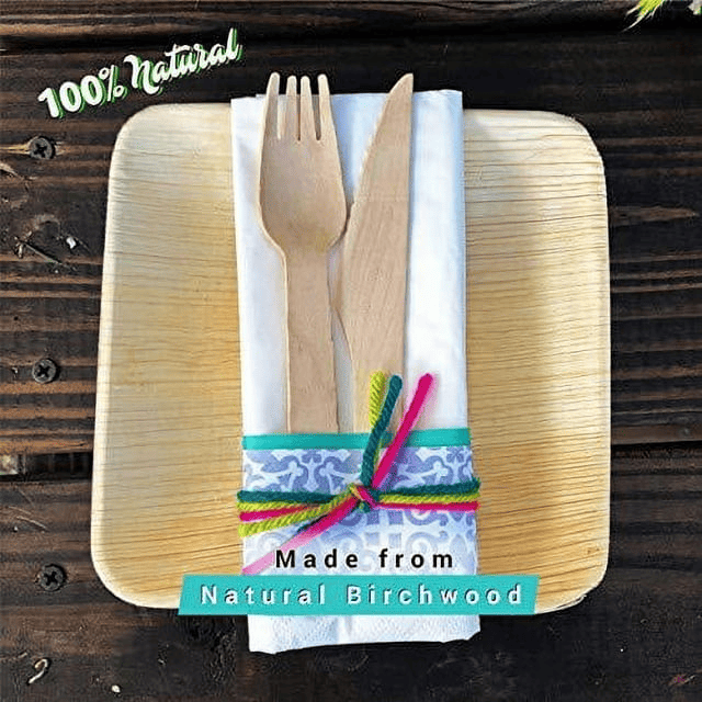 Disposable Wooden Cutlery Utensils Set ??¨¬ (Pack of 150) 30 7.8-inch Plates 30 Forks 30 Knives 30 Spoons 30 Small Spoons Eco-Friendly Silverware Compostable Flatware Biodegradable Better T