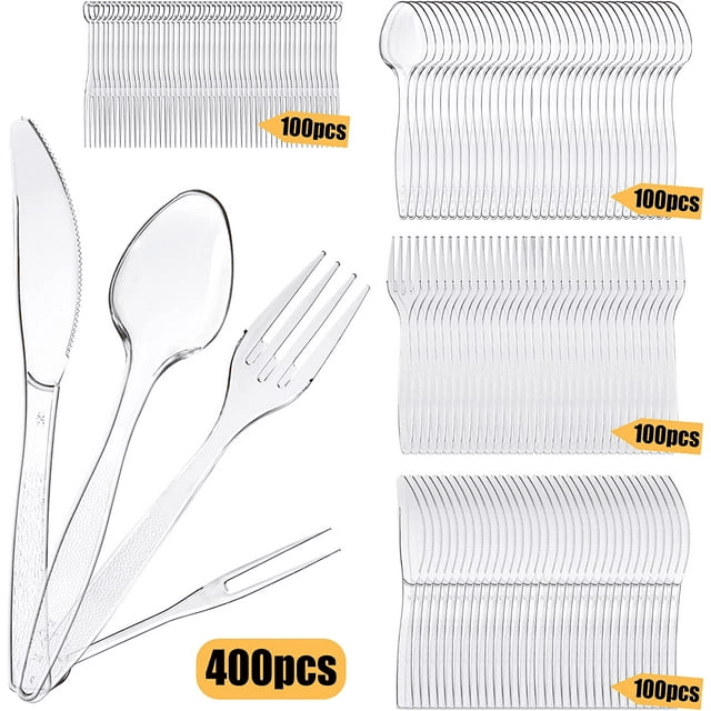STONCEL 400PCS Clear Plastic Cutlery Set, Durable Reusable Plastic Cutlery Set Includes 100 Forks 100 Spoons 100 Knives 100 Fruit Forks for Tableware, Parties, Camping and Dinnerware EasyOptionXY LLC