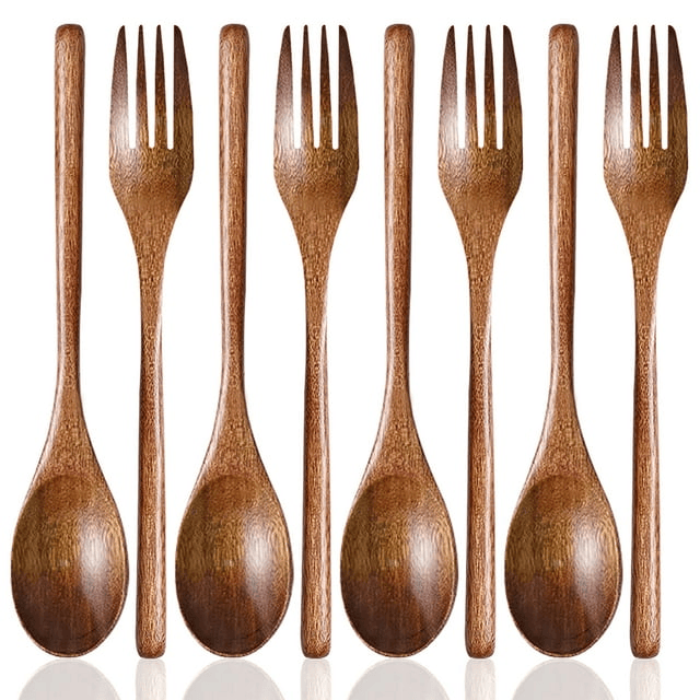 Set of 8, Wood Soup Spoons and Forks, SourceTon Wooden Ladle Spoon and Fork Set for Party, Banquet, Buffet, Catering, Daily Life- 9 Inch EasyOptionXY LLC