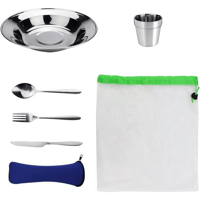 BUZIFU 7 in 1 Camping Cutlery Set Stainless Steel Utensils Camping Tableware Mess Kit Complete Dinnerware Set Includes Plate Bowl Cup Spoon Fork Knife Mesh Travel Bag for Camping Backpacking EasyOptionXY LLC