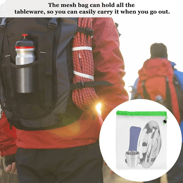 BUZIFU 7 in 1 Camping Cutlery Set Stainless Steel Utensils Camping Tableware Mess Kit Complete Dinnerware Set Includes Plate Bowl Cup Spoon Fork Knife Mesh Travel Bag for Camping Backpacking EasyOptionXY LLC