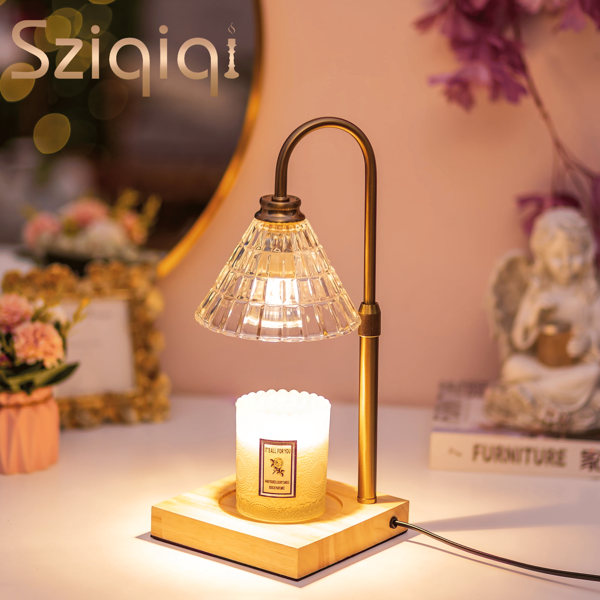 Sziqiqi Candle Warmer Lamp with 2 Bulbs Compatible with Large Jar Candle Metal Candle Warmer Dimmable Candle Melter for Scented Candles Top-Down Candle Melting(Gold)