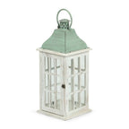 Noble House Montville Mango Wood Handcrafted Decorative Lantern, White and Green Patina