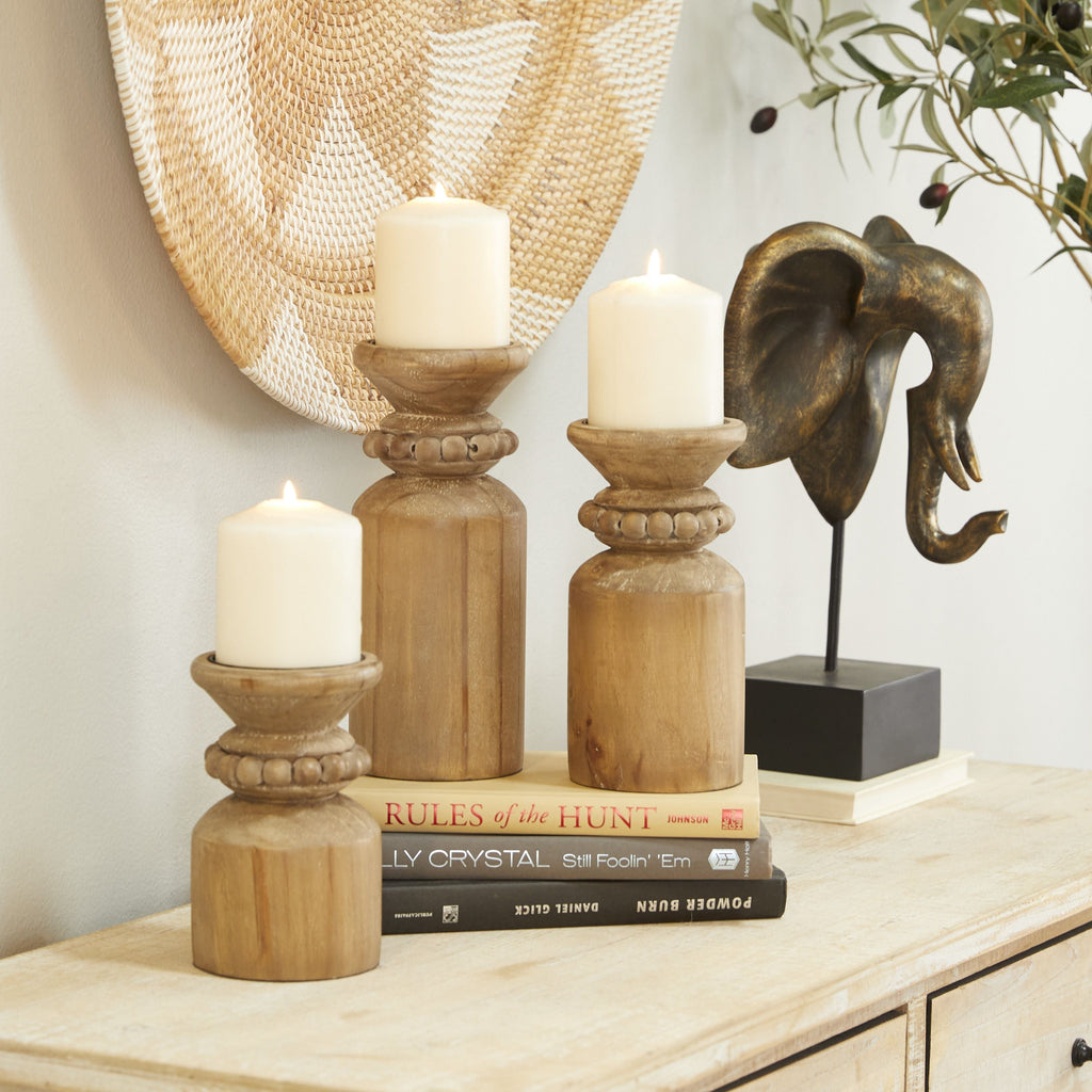 DecMode 3 Candle Brown Wood Candle Holder, Set of 3 EasyOptionXY LLC