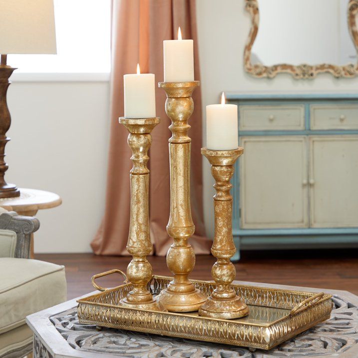 DecMode 3 Candle Gold Mango Wood Candle Holder, Set of 3 EasyOptionXY LLC