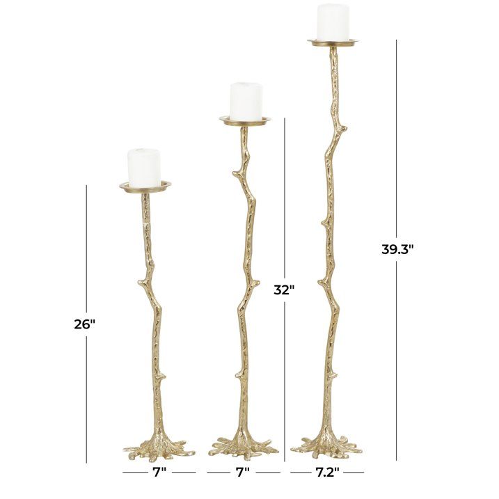 DecMode 3 Candle Gold Aluminum Abstract Tall Floor Textured Metallic Candle Holder with Stick Inspired Design, Set of 3 EasyOptionXY LLC