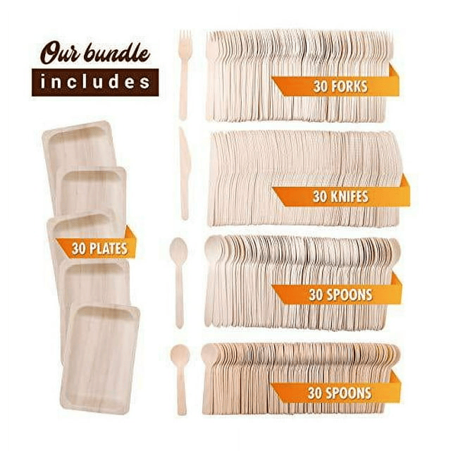 Disposable Wooden Cutlery Utensils Set ¨C (Pack of 60) 12 10.5-inch Plates 12 Forks 12 Knives 12 Spoons 12 Small Spoons Eco-Friendly Silverware Compostable Flatware Biodegradable EasyOptionXY LLC