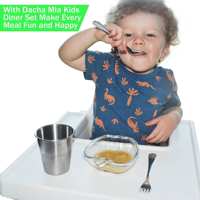 Dacha Mia - Stainless Steel Kids Utensils - Eco Friendly Toddler Flatware - 10 oz Cup for Kids with 1 PC spoon & 1 PC Fork - BPA Free - Reusable - lunch box Accessories EasyOptionXY LLC