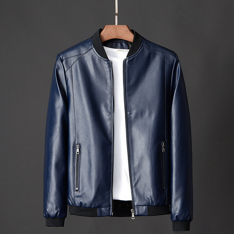 Slim Fit Men's PU Leather Jacket - Stand Collar Motorcycle Style Jacket (Regular Length) Pi-Mart