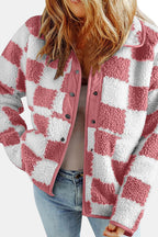Elegant Checkered Snap Down Long Sleeve Teddy Jacket Soft & Warm Colorful Jacket Stevvex