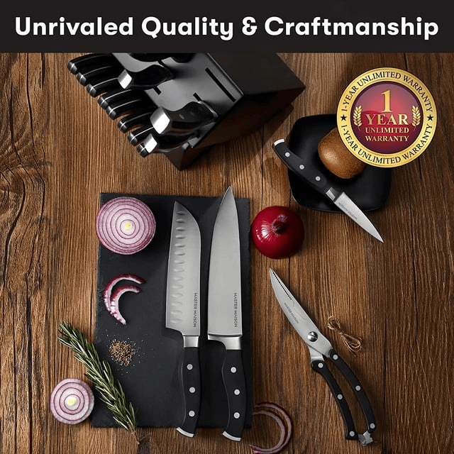 Master Maison 15-Piece Premium Kitchen Knife Set With Wooden Block | Master Maison German Stainless Steel Cutlery With Knife Sharpener & 6 Steak Knives (Black) EasyOptionXY LLC