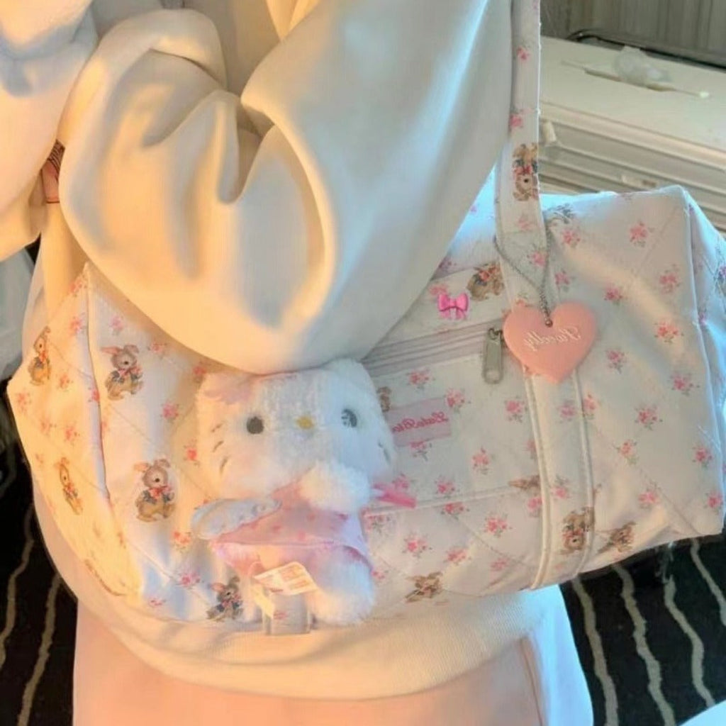 Large capacity tote bag for girls, short trip girl commuter bag, quilted puffy purse floral fabric, student class shoulder tote bag, - SJB-DIAMOND ELITES