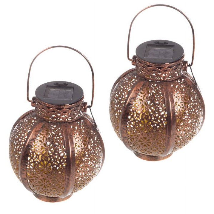 Set of 2 Solar Outdoor Lights - Hanging or Tabletop Rechargeable LED Lantern Set with 2 Shepherd Hooks for Outdoor Decor by Pure Garden (Bronze) - SJB-DIAMOND ELITES
