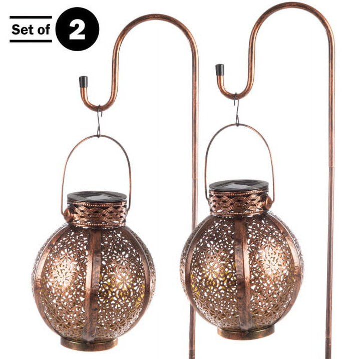 Set of 2 Solar Outdoor Lights - Hanging or Tabletop Rechargeable LED Lantern Set with 2 Shepherd Hooks for Outdoor Decor by Pure Garden (Bronze) - SJB-DIAMOND ELITES