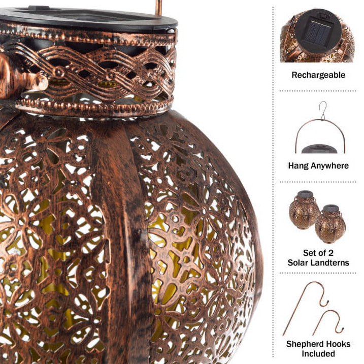 Set of 2 Solar Outdoor Lights - Hanging or Tabletop Rechargeable LED Lantern Set with 2 Shepherd Hooks for Outdoor Decor by Pure Garden (Bronze) - SJB-DIAMOND ELITES