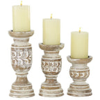 DecMode Country Carved Wood Candle Holder with Light Brown/Whitewashed Finish, Set of 3 6", 8", 10"H - SJB-DIAMOND ELITES