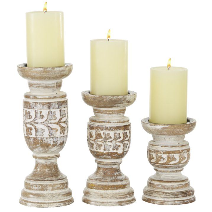 DecMode Country Carved Wood Candle Holder with Light Brown/Whitewashed Finish, Set of 3 6", 8", 10"H - SJB-DIAMOND ELITES