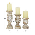 DecMode Country Carved Wood Candle Holder with Light Brown/Whitewashed Finish, Set of 3 6", 8", 10"H - SJB-DIAMOND ELITES