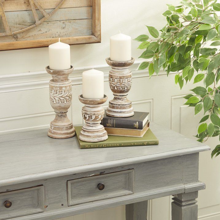 DecMode Country Carved Wood Candle Holder with Light Brown/Whitewashed Finish, Set of 3 6", 8", 10"H - SJB-DIAMOND ELITES