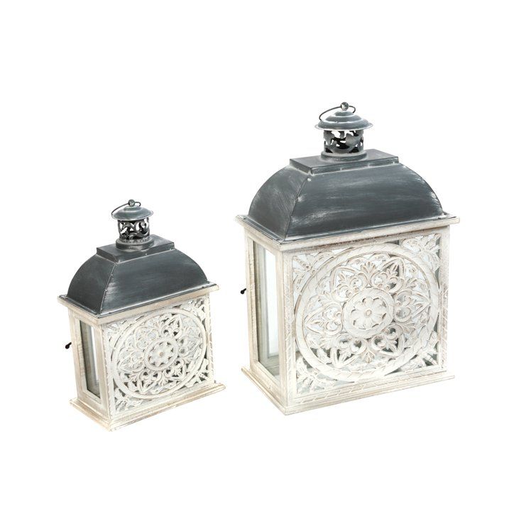 Gerson Set of 2 Metal and Wood Nesting Lanterns with Floral Cut-out - SJB-DIAMOND ELITES